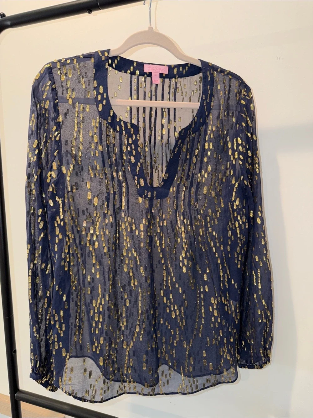 Lilly Pulitzer True Navy Gold Bubble Clip Dot Jacquard Blouse Top